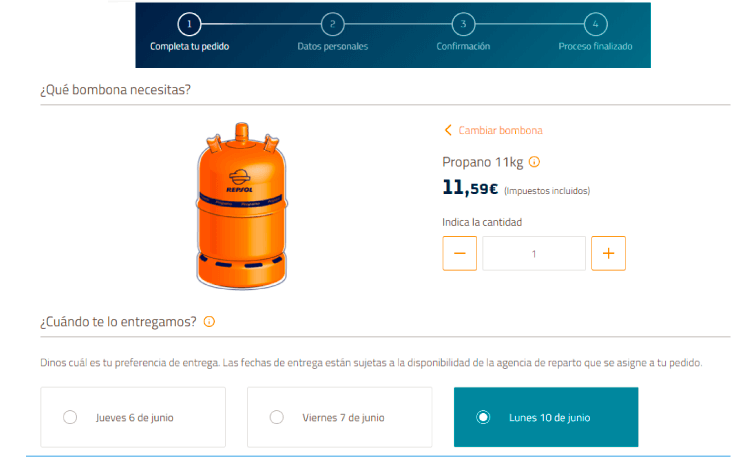 Ejemplo de formulario online para pedidos de gas propano envasado de 11 kg Formulario online para comprar bombona de 11 kg de gas propano con Repsol