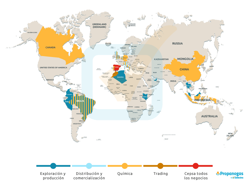 Negocios de Cepsa Mapa mundi de los negocios de Cepsa por todo el mundo